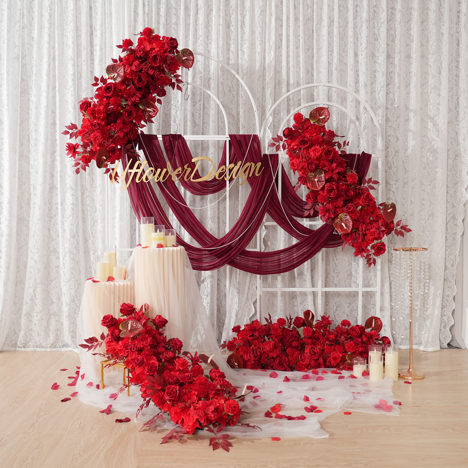 Home Decor Event - Uflower rouge fleur rangée mariage arc